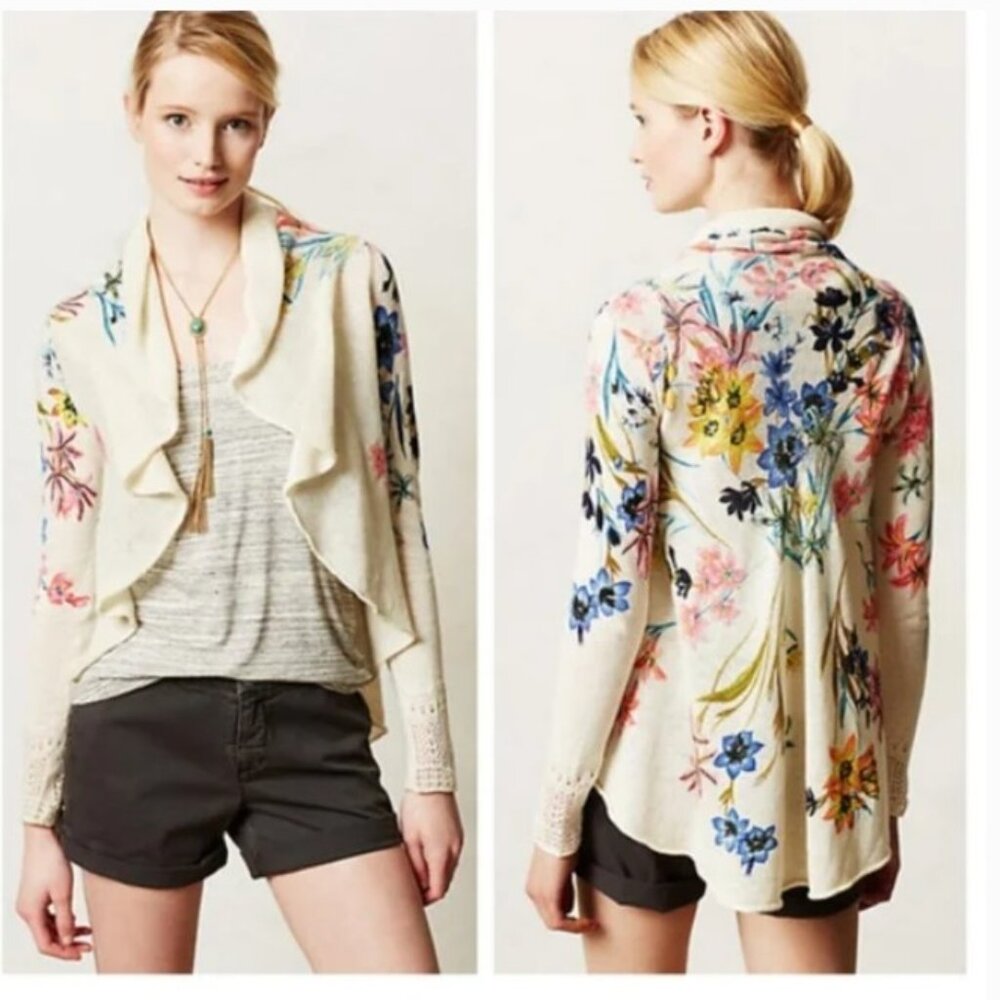 Anthro Knitted & Knotted Boho Floral Open Cardigan with Crochet Sleeves - Size M